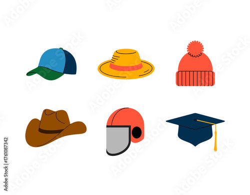 Diverse headwear collection: Baseball cap, fedora, beanie, cowboy hat, helmet, graduation cap