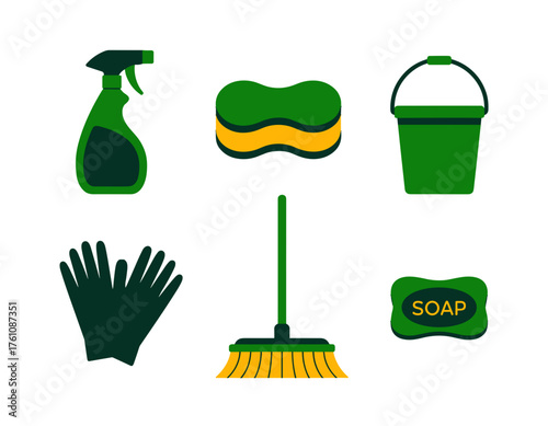 Essential cleaning supplies for a spotless home or office space, ready for spring cleaning