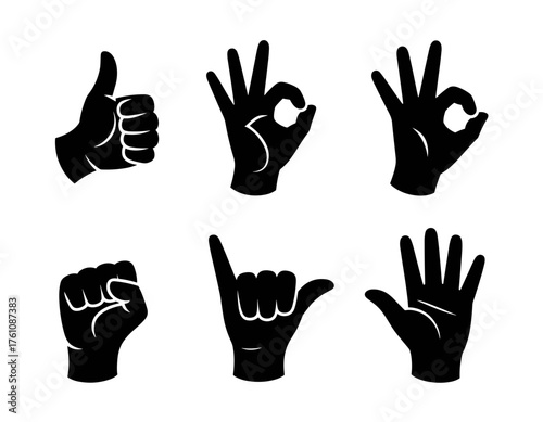 Hand gestures icons: Thumbs up, ok, fist, hang loose, open palm. Communication signals.