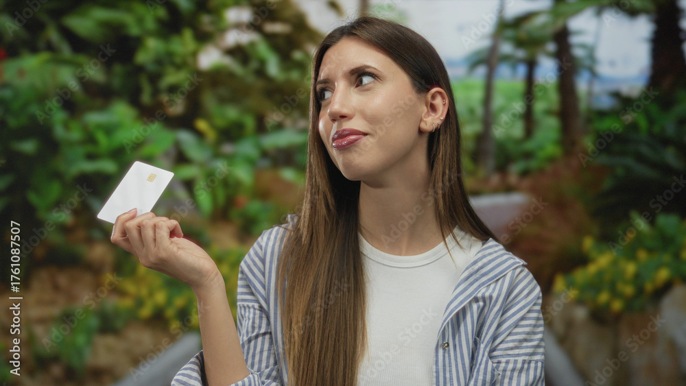 Fototapeta premium Woman holds creditcard with outstretched hand at forest clearing under vibrant green foliage; aspiration.