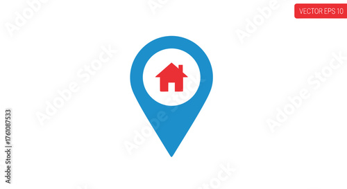Blue Location Pin Icon with Red House Symbol Inside.