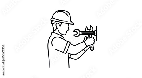 Line art illustration of a worker with a hard hat using a wrench.