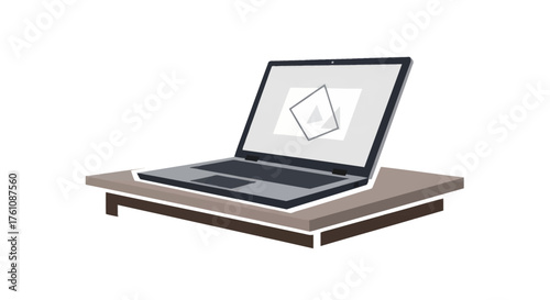 Modern Laptop Computer Displaying Digital Document on Wooden Stand.