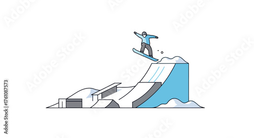 Snowboarder performing a jump on a snow ramp with a stylized design.