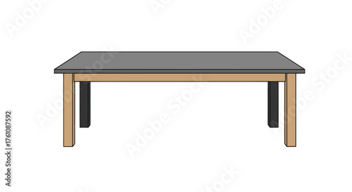 Rectangular wooden table with gray top and light brown legs.