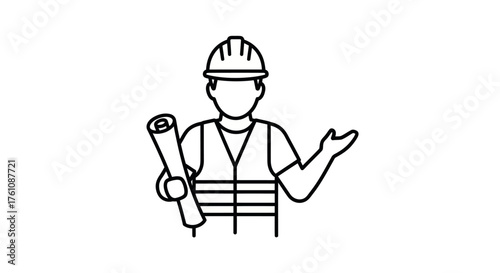 Line art illustration of a construction worker holding blueprints.