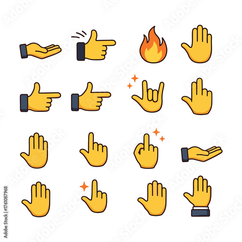 Hand gesture icons set sign symbol finger palm pointing open rock fire middle touch communication body language cartoon
