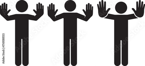 Three figures in a stark black silhouette with arms raised in surrender silhouette