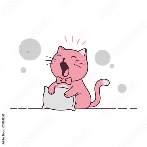 Cartoon cat yawning with pillow sleep cute animal illustration drawing pink grey rest tired bow tie domestic kitten pet mammal line art