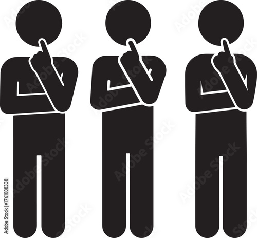 Three stick figure silhouettes pondering deeply with fingers on chin silhouette