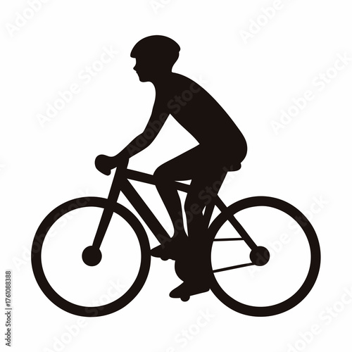 Silhouette of a cyclist with helmet riding a bicycle on white background
