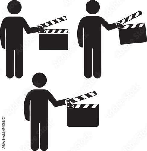 Three stick figure silhouettes holding and clapping movie clapperboards
