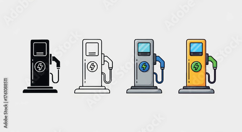 Create Icon Style Showcase. Vector icon EV charging station same pose same proportions four styles black solid glyph outline minimal flat multicolor filled cartoon.