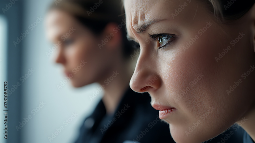 Fototapeta premium Close-up shot of a fair-skinned woman with a furrowed brow, conveying concern or deep thought. Soft lighting highlights her features as she focuses intently. A sense of seriousness pervades.