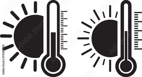 Two thermometers showing hot and cold temperatures next to sun icons silhouette
