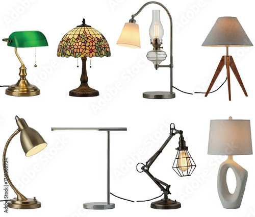 Create Set of eight different classic and modern table lamps on white Background.