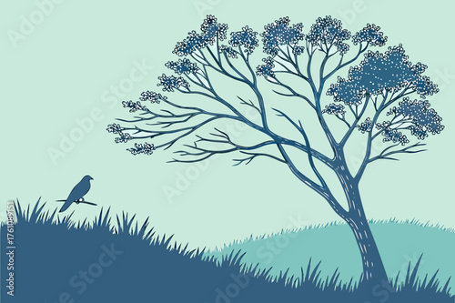 Person with Dog and Lush Tree Silhouette Vector - Duotone Graphic