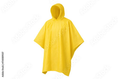 Yellow hooded poncho protecting from rain and weather
