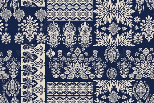 Ethnic Paisley and geometric motifs fabric patchwork abstract vector seamless pattern.Ikat floral embroidery.Ethnic oriental traditional.Damask style pattern for textiles and decoration.