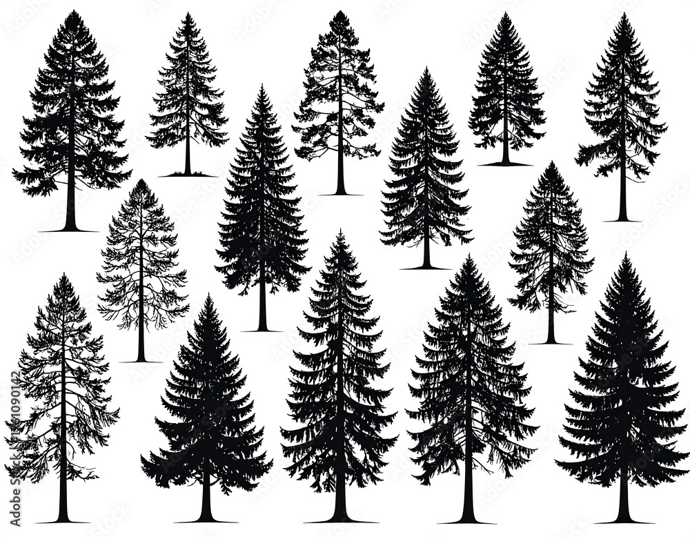 Fototapeta premium Collection of various stylized black evergreen tree silhouettes