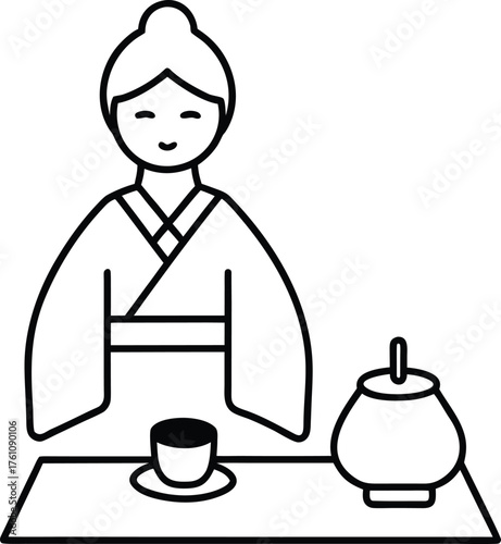 traditional japanese tea ceremony line drawing illustration on transparent background