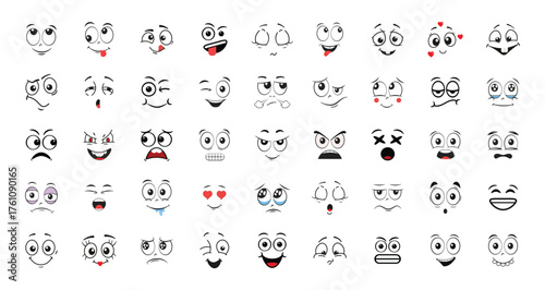 Cartoon facial expressions set. Doodle emoticons, expressive eyes and mouth, crying, laughing, scared emotions, vector icons set.