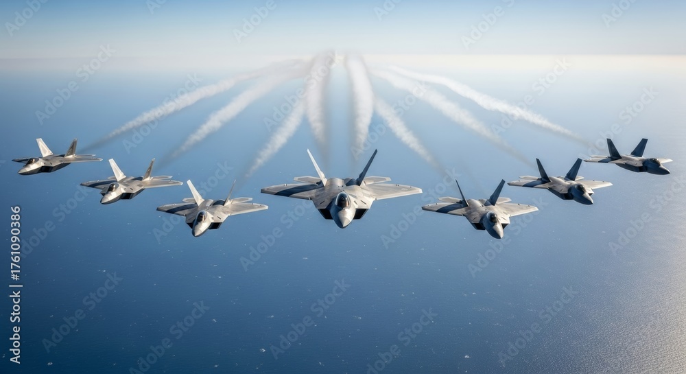 Obraz premium Formation of military jets flying over ocean horizon on clear day