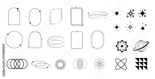Modern minimalist aesthetic line elements, trendy linear frames with stars, geometric forms. Y2k minimal geometric element.