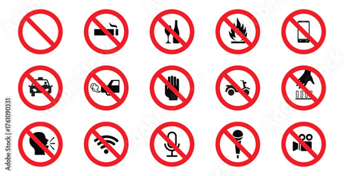 Prohibited icons set, forbidden symbols isolated, do not no red round signs.