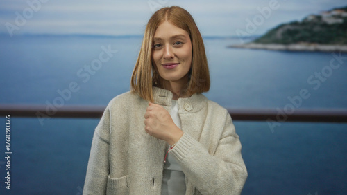 Quadro su tela Young blonde woman places fist on chest in white sweater and cardigan on promenade; solidarity camaraderie loyalty
