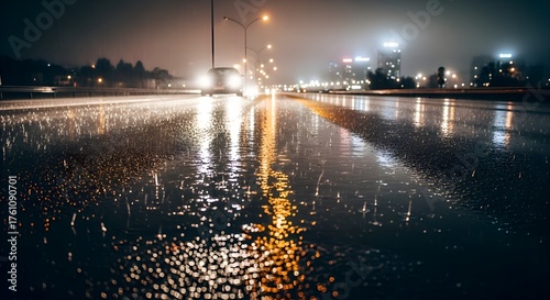 City Nightscape: Wet Road Reflecting Urban Lights in Rainy Weather.