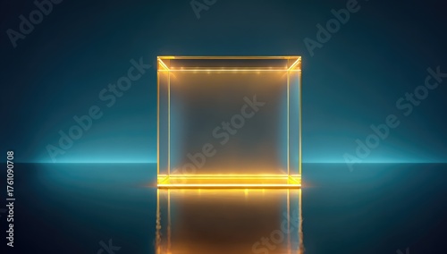 Transparent cube with golden light glows on dark reflective surface.
