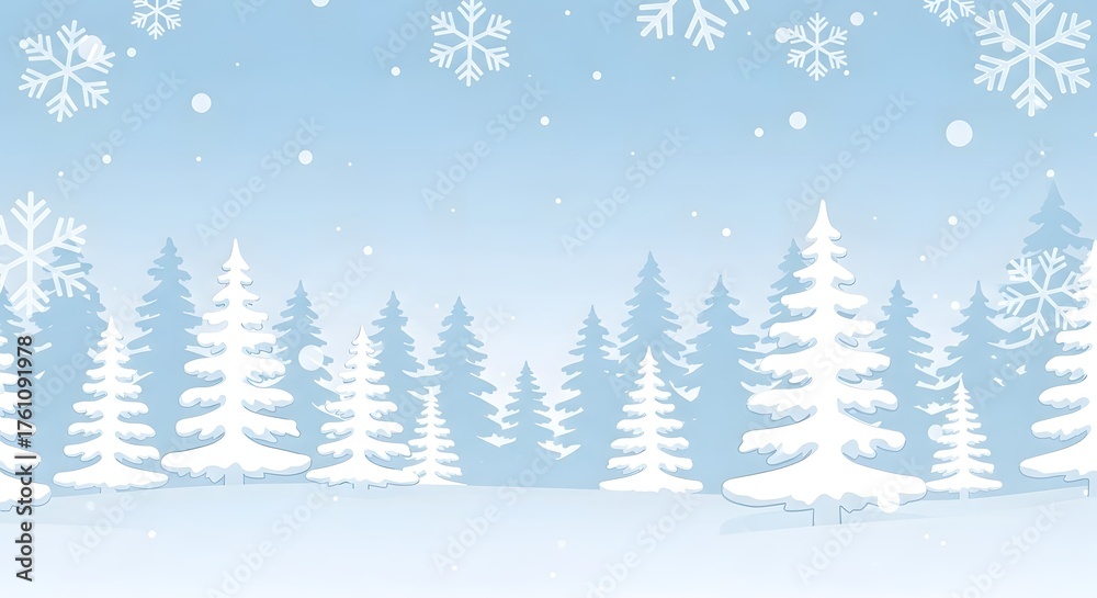 Fototapeta premium Softly falling snowflakes over a snowy pine forest landscape