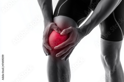 A young man experiencing knee pain, touching his knee with a painful facial expression. The red highlight around the knee indicates inflammation or injury, concept of sports injury and joint pain.