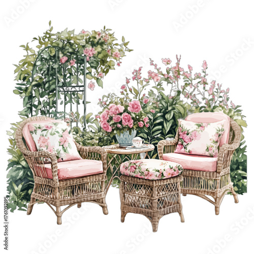 Elegant Watercolor Wicker Patio Furniture: Vintage Garden Clipart
