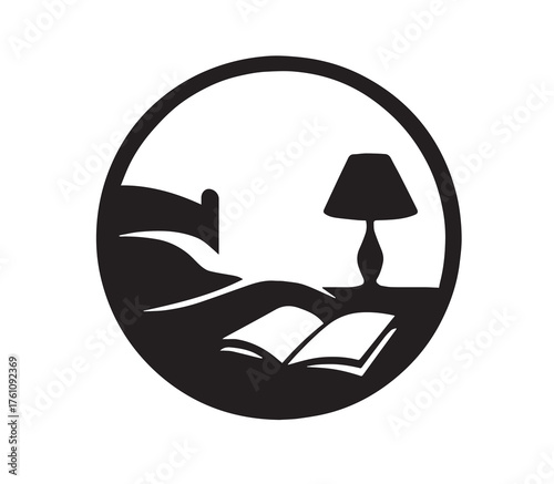 Black and white icon of a bedside table with a lamp and an open book symbol nightstand