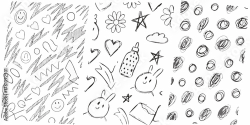 Collection of hand drawn doodle elements including hearts stars clouds and smiley faces on a white background