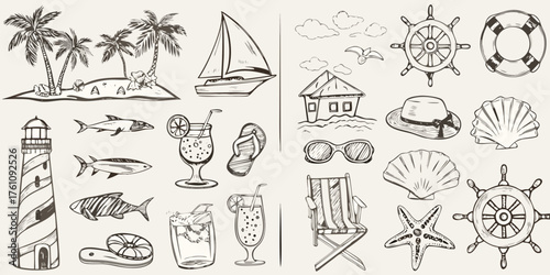 Collection of hand drawn beach and nautical elements including palm trees sailboat lighthouse fish cocktails and beach accessories