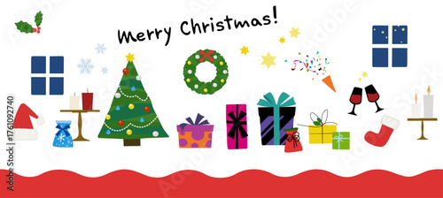 クリスマスのカラフルでフラットなイラストとフレーム