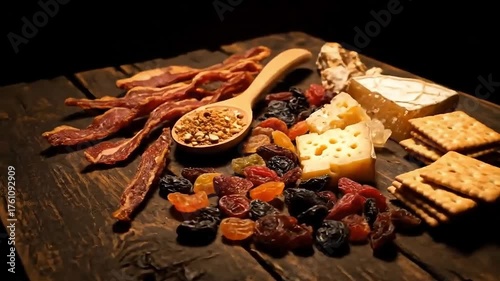 Assortment of jerky, cheese, crackers, and dried berries with a wooden spoon of seasoning on a dark wooden table