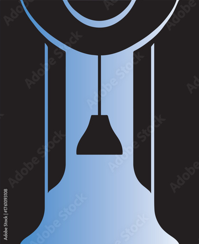 Black pendant light fixture with blue gradient background and abstract shapes hanging lamp interior lighting