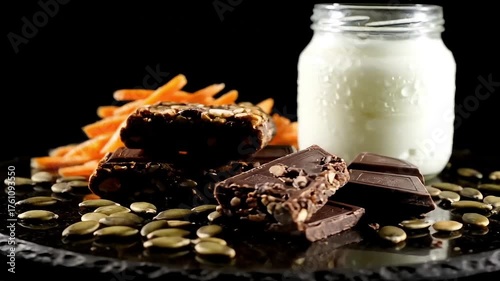 Nutritious dark chocolate and protein bars with carrot sticks, milk, and pumpkin seeds on a dark slate background