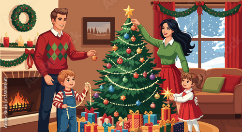 Flat vector of joyful family decorating Christmas tree with ornaments and lights at cozy home, symbolizing love, warmth, and holiday spirit