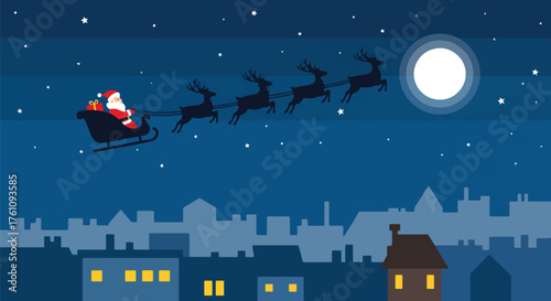 Flat style vector of Santa flying his sleigh over snowy city rooftops under starry sky, joyful and magical Christmas night scene