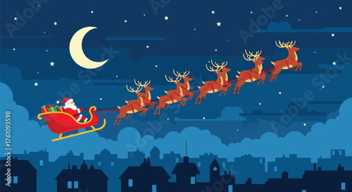 Flat style vector of Santa flying his sleigh over snowy city rooftops under starry sky, joyful and magical Christmas night scene