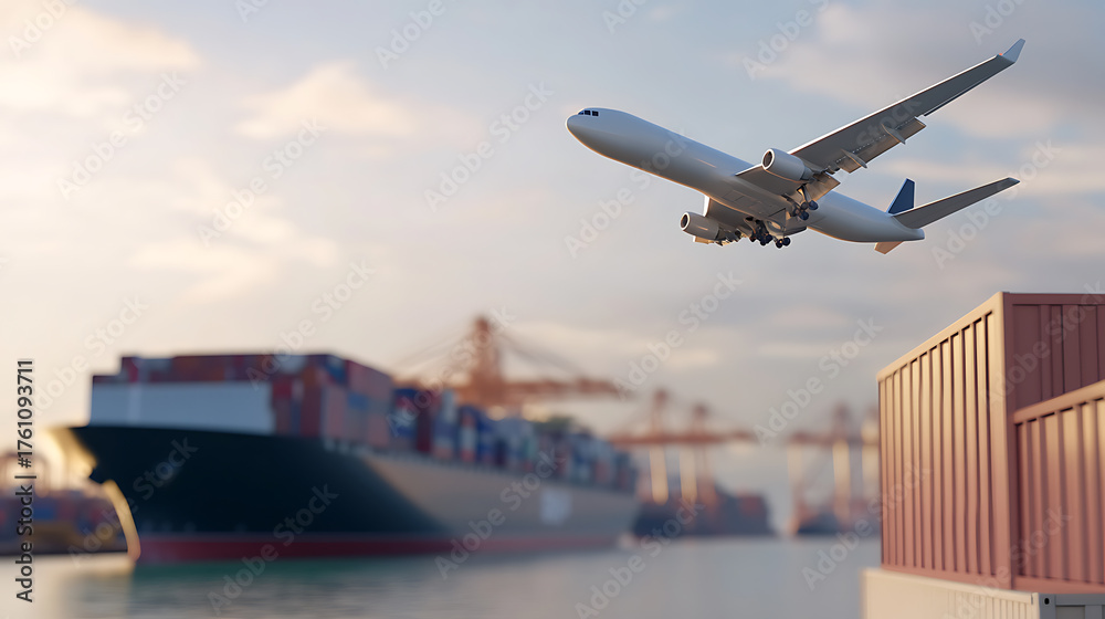 Fototapeta premium Cargo plane takes off from a busy port with container ship in the backdrop, symbolizing global trade, efficient logistics and transport for international supply chain.