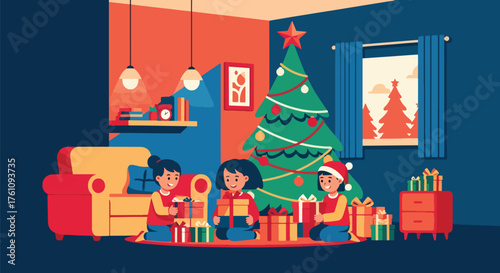 Flat vector of excited kids opening Christmas gifts under tree in bright morning light, joyful family holiday celebration