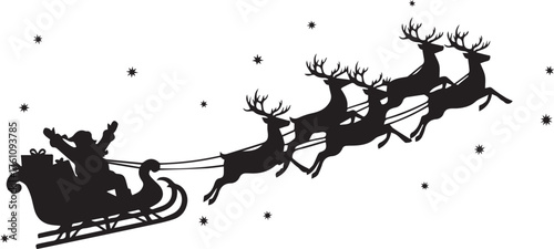 Silhouette of santa claus in a sleigh pulled by reindeer flying through a snowy night sky