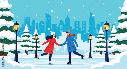 Romantic flat vector of couple ice-skating in snowy park under lights and pine trees, winter love and holiday mood