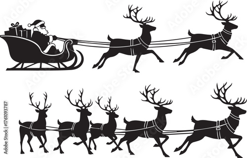 Silhouette of santa claus riding in his sleigh pulled by a team of reindeer in a winter scene